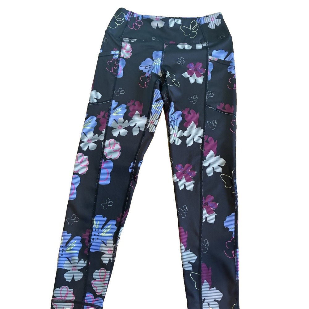 Pro Player Women's Floral Capri Leggings Small Black Pink Blue Coquette Artsy